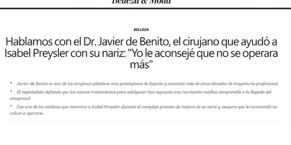 El Economista highlights Dr Javier de Benito's view on the ethical limits of cosmetic surgery